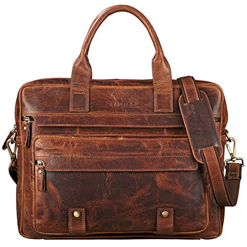 STILORD 'Leander' Bolsa de Negocios o maletín para portátil de 15.6'' Bolso de Piel para Trabajo de Hombres y Mujeres Bolsa Mensajero de Cuero auténtico, Color:Kara - Cognac