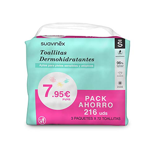 Suavinex 401187 3x Pack 72 toallitas dermohidratantes para bebé. Toallitas aptas para pieles atópicas. 96% ingredientes de origen natural, Toallitas 100% biodegradables, 216 toallitas