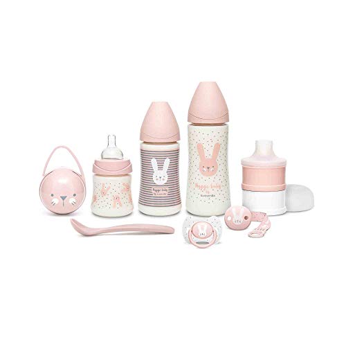 Suavinex Set Premium Recién Nacido con Biberón 150ml, 270ml y 360ml, Dosificador de leche, Chupete fisiológico -2-4 meses, Broche cinta y Cuchara, Rosa