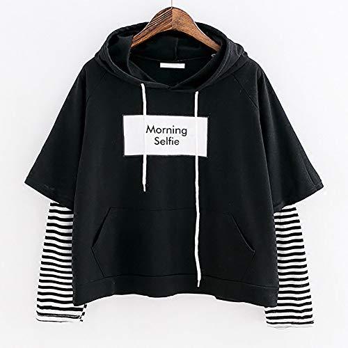 Sudadera con Capucha Cortas para Mujer Sudadera Adolescentes Chicas Patchwork Estampado Raya Blusa Tops Camiseta de Manga Larga Hoodie Pullover Otoño e Invierno riou