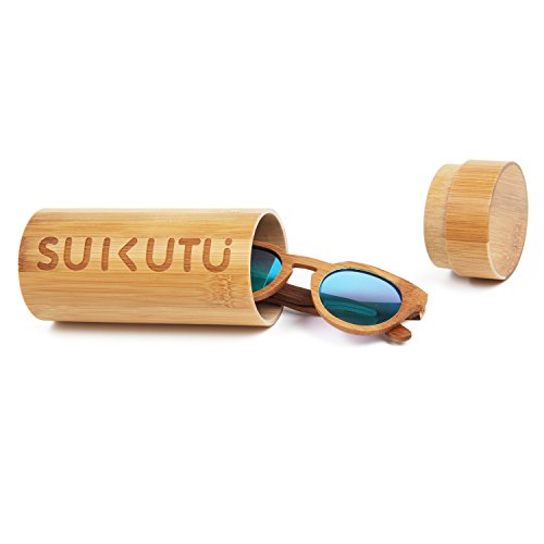 SUKUTU Hombres Mujeres Gafas De Sol De Bambú Hechas A Mano Gafas de Madera Polarizadas Moda Retro Al Aire Libre con Caja de Bambú SU039