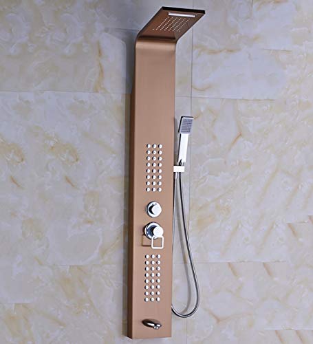 SXMXN Panel De Ducha con Cascada Y Ducha De Lluvia Panel De Ducha De Baño Cascada De Oro Columna De Ducha De Lluvia Faucet Superficie Cepillada Sistema De Ducha Mezclador Caño para Bañera,Gold