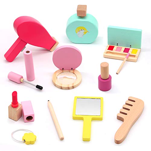 Symiu Maquillaje de Madera Cosméticos Herramientas Kit con 16 Piezas de Belleza Maquillaje Niña Set Juego de Imaginación Juguetes para Regalos para Niños 3 4 5 Años