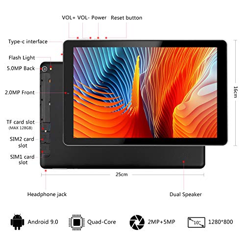 Tablet 10 Pulgadas YOTOPT, 4GB de RAM y 64 GB de Memoria, Android 9.0 Dobles SIM y TF, GPS WiFi Soporte (Negro