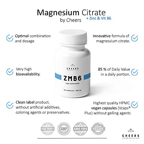 Tabletas de Citrato de Magnesio (320 mg) - 90 cápsulas Veganas - ZMB6 - La absorción más alta en Suplementos de Magnesio - Zinc y Vitamina B6 - Dormir como un bebé y aliviar los calambres