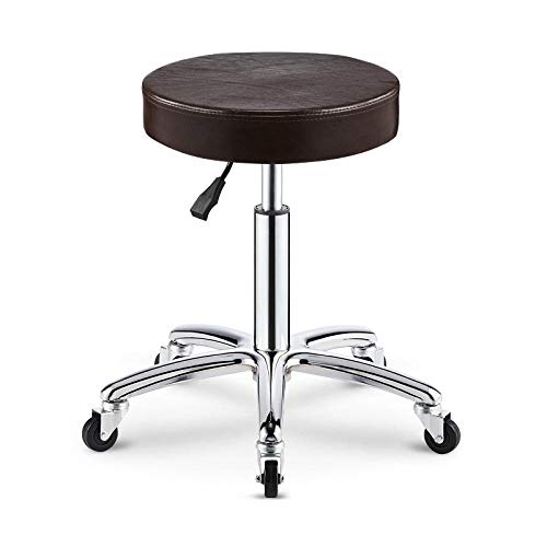 Taburete Elevable con Rueditas，Tabourete Reglable en Altura con Marrón PU Cuero Sintético Asiento，Altura Regulable 45-58 cm，160kg de Capacidad de Carga，Taburetes Sillas para Peluquería Manicura Tatua