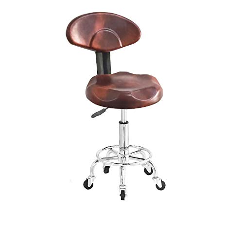 Taburete Respaldo Giratorio con Rueditas，Taburete Redondo con Marrón Cuero Sintético Asiento，Altura Regulable 42-54 cm，160kg de Capacidad de Carga，Taburete Ruedas Bueno con Respaldo para Peluqueros P