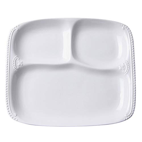 TAMUME Plato De Porcelana Blanca con 3 Compartimentos para una Persona, Bandeja de Comida Rectangular 3-en-1 con Patrón de Abalorios - 10"* 8.5" * 1" Bandejas Para Servir