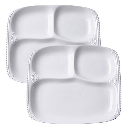 TAMUME Plato De Porcelana Blanca con 3 Compartimentos para una Persona, Bandeja de Comida Rectangular 3-en-1 con Patrón de Abalorios - 10"* 8.5" * 1" Bandejas Para Servir