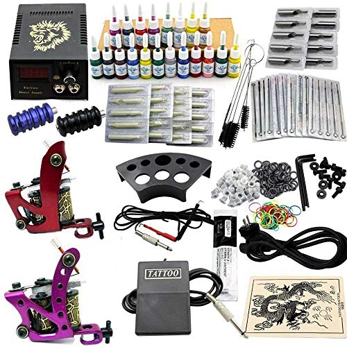 Tattoo - Kit de tatuaje completo, 2 máquinas de tatuaje, 20 colores de tinta, 50 agujas