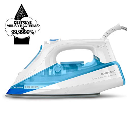 Taurus Agatha 2800 2800-Plancha 2800W, Elimina el 99,9999% de Virus y bacterias, Sistema antical y autolimpieza, antigoteo, Suela de cerámica, Golpe Vapor 170g/min, Plástico, Blanco/Azul