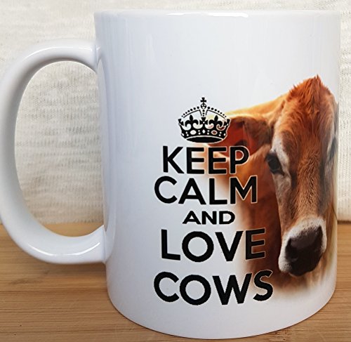 Taza con diseño de vaca con texto "Keep Calm and Love Cows".