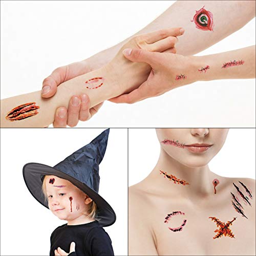 TAZEMAT Halloween Tatuajes Temporales 20 Hojas Tatuaje Cicatrices Herida Sangre Pegatinas Zombie Vampiro Maquillaje Horror para Fiesta de Disfraz Cosplay Mujeres Hombres Niños Múltiple Patrón