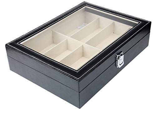 Tebery - Caja para Gafas con Ventana de Cristal para 8 Pares de Gafas, de Piel sintética, Color Negro, 33,7 x 24,5 x 8,4 cm (8 Compartimentos)