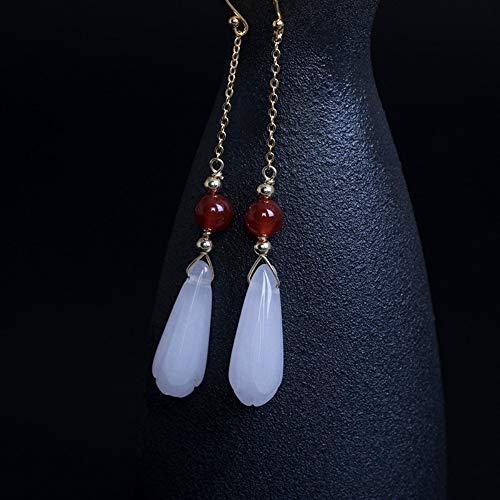 THTHT Vintage Aretes De Plata para Mujeres S925 Natural Ágata Roja Ganchos De Oreja Magnolia Blanca Sencillo Y Elegante Temperamento Estético De Gama Alta De Estilo Chino Clásico Sección Larga