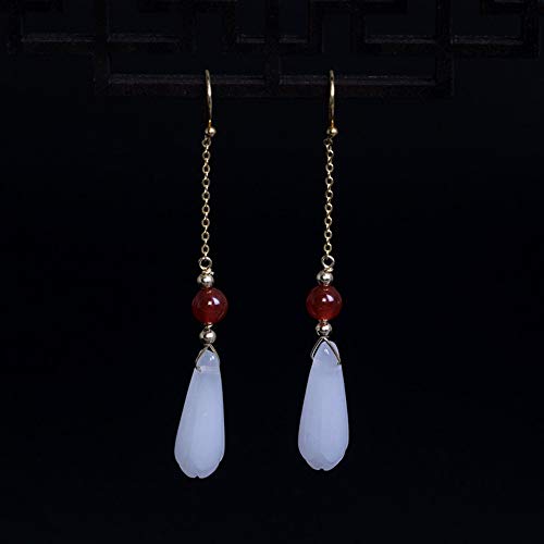 THTHT Vintage Aretes De Plata para Mujeres S925 Natural Ágata Roja Ganchos De Oreja Magnolia Blanca Sencillo Y Elegante Temperamento Estético De Gama Alta De Estilo Chino Clásico Sección Larga