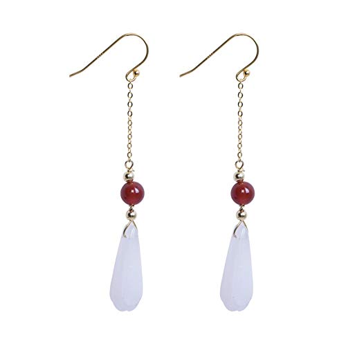 THTHT Vintage Aretes De Plata para Mujeres S925 Natural Ágata Roja Ganchos De Oreja Magnolia Blanca Sencillo Y Elegante Temperamento Estético De Gama Alta De Estilo Chino Clásico Sección Larga