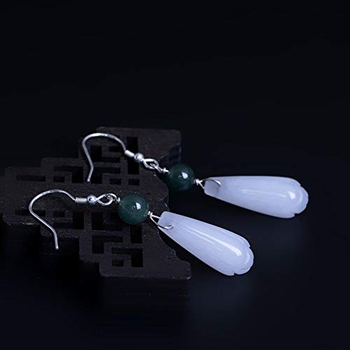 THTHT Vintage Aretes De Plata para Mujeres S925 Natural Jade Ganchos De Oreja Magnolia Sencillo Y Elegante Temperamento Estético De Gama Alta De Estilo Chino Clásico Sección Larga