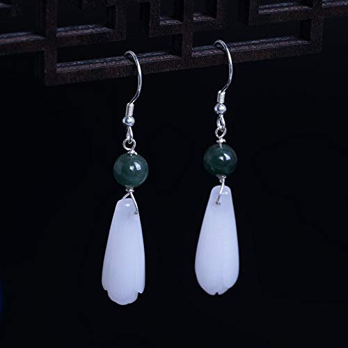 THTHT Vintage Aretes De Plata para Mujeres S925 Natural Jade Ganchos De Oreja Magnolia Sencillo Y Elegante Temperamento Estético De Gama Alta De Estilo Chino Clásico Sección Larga