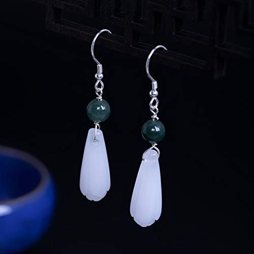 THTHT Vintage Aretes De Plata para Mujeres S925 Natural Jade Ganchos De Oreja Magnolia Sencillo Y Elegante Temperamento Estético De Gama Alta De Estilo Chino Clásico Sección Larga