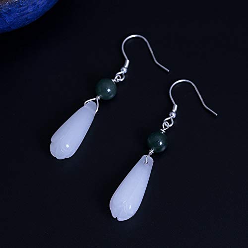 THTHT Vintage Aretes De Plata para Mujeres S925 Natural Jade Ganchos De Oreja Magnolia Sencillo Y Elegante Temperamento Estético De Gama Alta De Estilo Chino Clásico Sección Larga