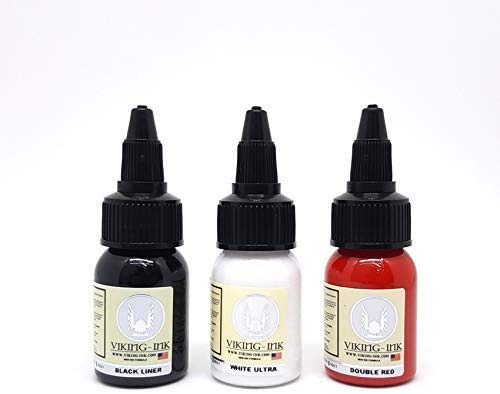 Tinta para tatuaje - KIT BLACK LINER + WHITE ULTRA + RED 0.5oz (15ml) - VIKING INK USA - Los mejores colores y negros en tintas para tatuaje del mercado - VEGANAS