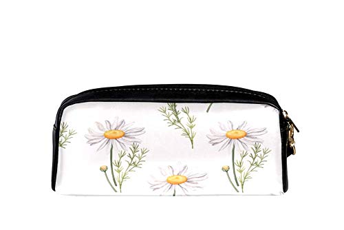 TIZORAX Daisy Camomile Flores Hojas y Brotes Estuche de Cuero PU Estudiantes Estacionarios Bolsa de Maquillaje Bolsa de Cosméticos