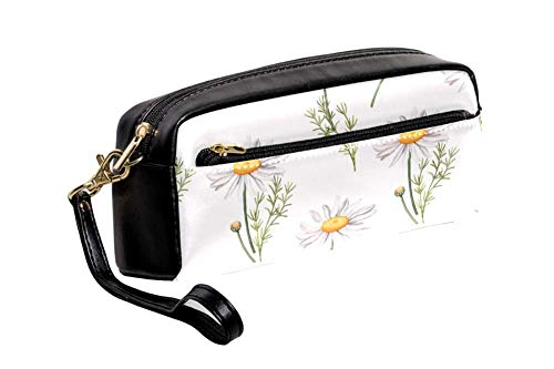 TIZORAX Daisy Camomile Flores Hojas y Brotes Estuche de Cuero PU Estudiantes Estacionarios Bolsa de Maquillaje Bolsa de Cosméticos