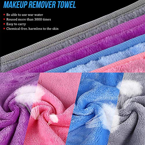 Toallita Desmaquillante Facial,BETOY 4 Piezas Toalla Desmaquillante Cara Makeup Remover Cloths Guante Desmaquillantes Lavable y Reutilizable Para Todo Tipo de Pieles, Azul/Morado/Gris/Rosa Rojo