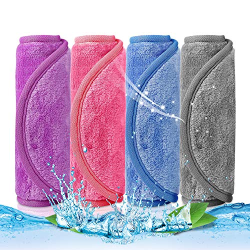 Toallita Desmaquillante Facial,BETOY 4 Piezas Toalla Desmaquillante Cara Makeup Remover Cloths Guante Desmaquillantes Lavable y Reutilizable Para Todo Tipo de Pieles, Azul/Morado/Gris/Rosa Rojo