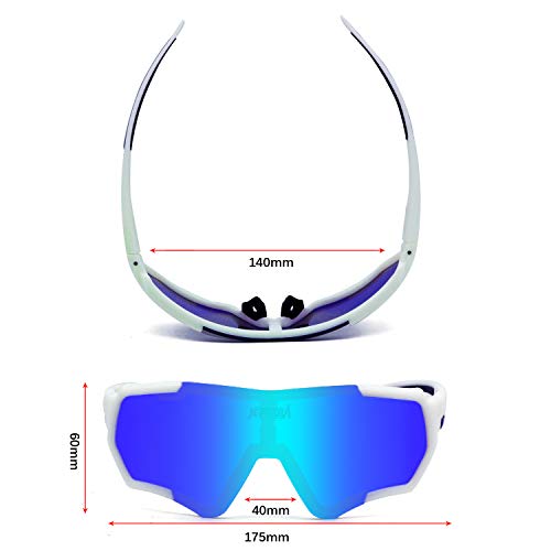 TOPTETN Gafas de Sol Deportivas polarizadas Protección UV400 Gafas de Ciclismo con 3 Lentes Intercambiables para Ciclismo, béisbol, Pesca, esquí, Funcionamiento (Blanco azul)