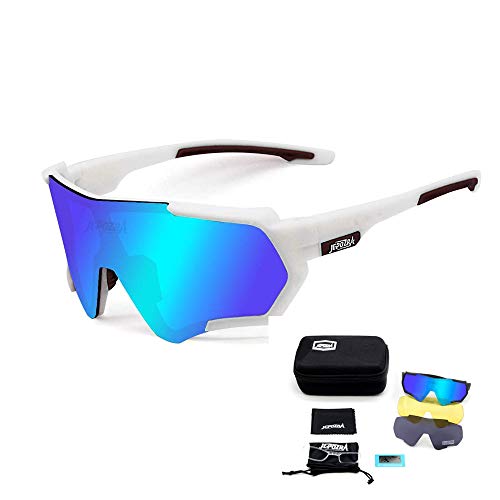 TOPTETN Gafas de Sol Deportivas polarizadas Protección UV400 Gafas de Ciclismo con 3 Lentes Intercambiables para Ciclismo, béisbol, Pesca, esquí, Funcionamiento (Blanco azul)