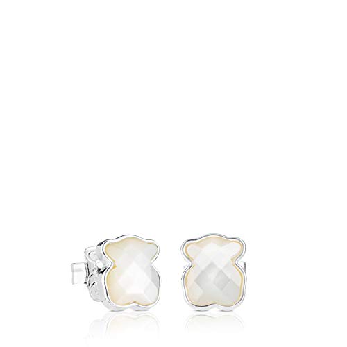 TOUS New Color - Pendientes de Botón, con Oso de Plata de Primera Ley y Nácar Facetado - Motivo: 0,9 cm.