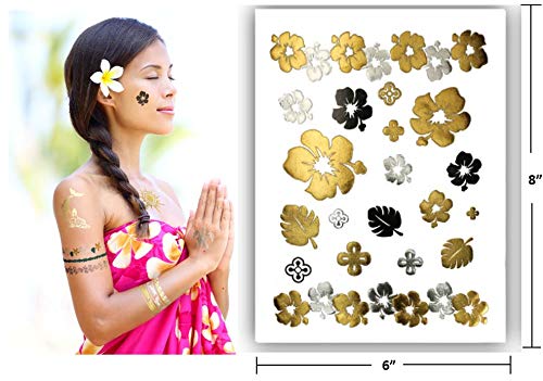 Tropical Hawaiian Temporary Metallic Tattoos - Over 75 Tattoos in Gold Silver (6 Sheets) Terra Tattoos Aja Collection