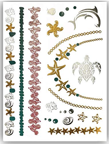 Tropical Hawaiian Temporary Metallic Tattoos - Over 75 Tattoos in Gold Silver (6 Sheets) Terra Tattoos Aja Collection