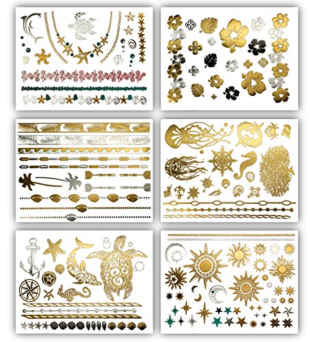 Tropical Hawaiian Temporary Metallic Tattoos - Over 75 Tattoos in Gold Silver (6 Sheets) Terra Tattoos Aja Collection