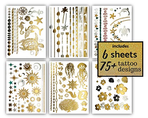 Tropical Hawaiian Temporary Metallic Tattoos - Over 75 Tattoos in Gold Silver (6 Sheets) Terra Tattoos Aja Collection