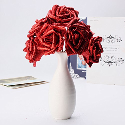 Tutoy 7Pcs Ramo Artificial Glitter Espuma Flores Artificiales Boda Nupcial Fiesta Decoración Bricolaje Rose-Silver