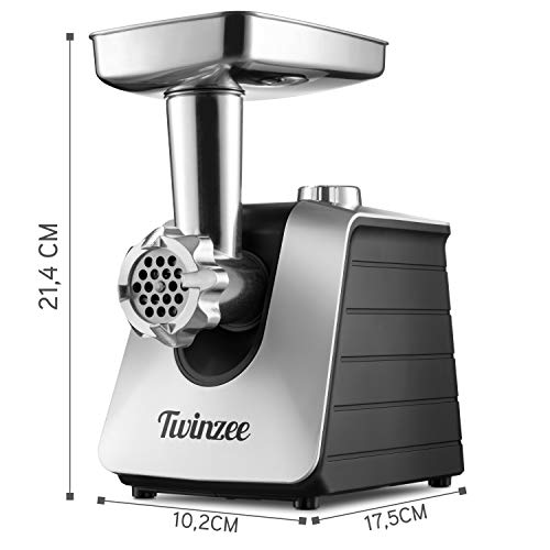 Twinzee Picadora de Carne Eléctrica 1500W (Negro) - para Carne y Salchichas - Robot Cocina, Picador de Carne con 3 Placas de Corte y 3 Boquillas para Salchichas - Picadora Profesional