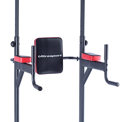 Ultrasport Power Tower Estación Multifuncional de Entrenamiento, Torre de Musculación y Fitness, Dip Station, Barra de Dominadas, Asas para Flexiones, Tamaño Regulable, Negro, 83 x 65 x 190-230 cm