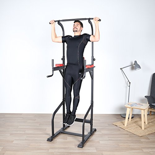 Ultrasport Power Tower Estación Multifuncional de Entrenamiento, Torre de Musculación y Fitness, Dip Station, Barra de Dominadas, Asas para Flexiones, Tamaño Regulable, Negro, 83 x 65 x 190-230 cm