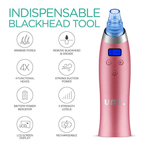 Umi. Blackhead Remover Vacuum Suction Facial Pore Cleaner Electric Acne Comedone Extractor Kit with 4 Replacement Head & LCD Screen for Women and Men Black Heads Extraction (Pink)