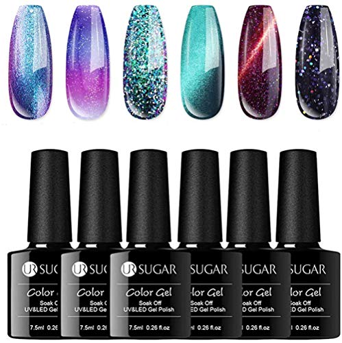 UR SUGAR 7,5ml Esmalte de Gel Kit, Ojo de Gato, Camaleón Color Cambia Temperatura, Glitter de Uñas Semipermanente UV LED Brillo, 6Pcs Manicura Ensemble pour Démarreur