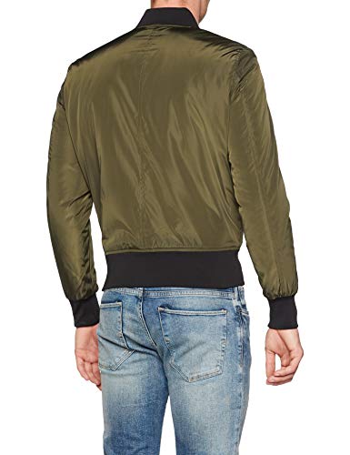 Urban Classics Cazadora de Hombre Chaqueta Bomber de Estilo Urbano, en Verde Oliva con Cuello, Cintura y Puños Negros a Contraste, Cierre con Cremallera, darkolive/black, L