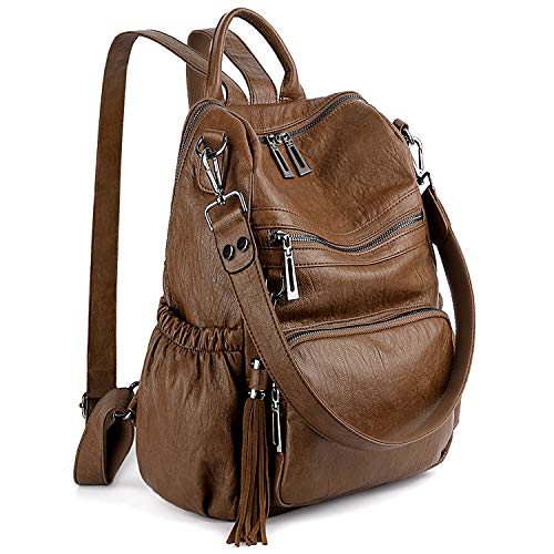 UTO - Bolso Mochila de Mujer Cuero Sintético Bolso Bandolera Bolso Escolar con Bolsillos Laterales con Borlas Marrón A