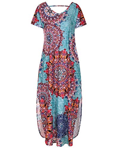 UUAISSO Vestidos Mujer Maxi Vestido Mangas Cortas Boho Verano Playa Vestidos Cóctel Fiesta, Azul Pavo Real XL