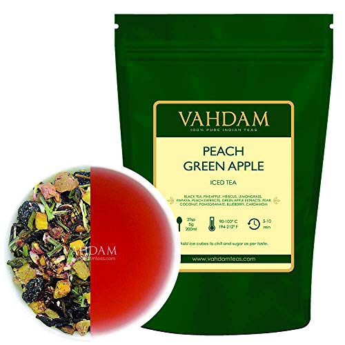 VAHDAM, té helado de manzana verde melocotón | 40 porciones, 8 cuartos | Ingredientes 100% naturales | Sabor del té Oolong y frutas tropicales | Té helado de durazno | 100gr (Set de 2) de la India