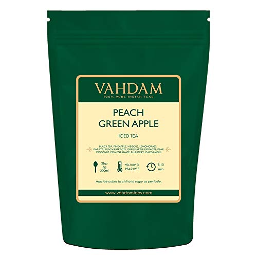 VAHDAM, té helado de manzana verde melocotón | 40 porciones, 8 cuartos | Ingredientes 100% naturales | Sabor del té Oolong y frutas tropicales | Té helado de durazno | 100gr (Set de 2) de la India