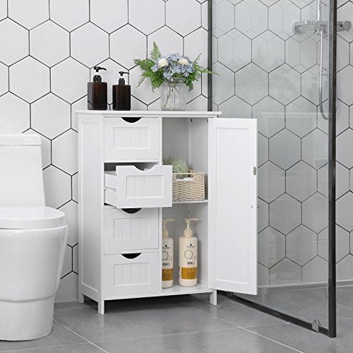 VASAGLE Gabinete de Baño, Gabinete de Almacenamiento con 4 Cajones y 1 Armario de Taquilla, Puerta Simple, Estante Ajustable, para Sala de Estar, Cocina, Entrada, Blanco LHC41W