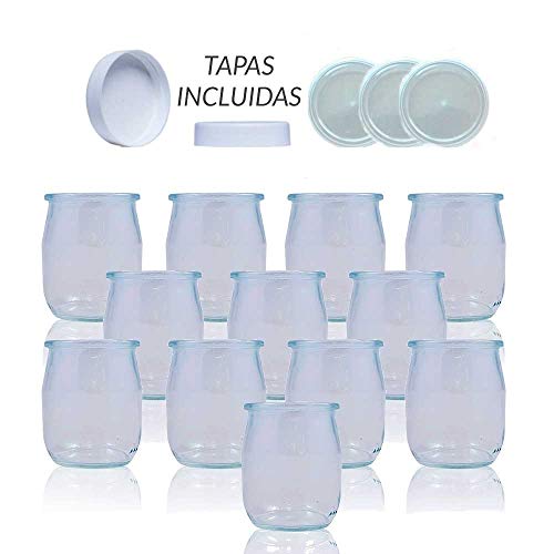 Vasos yogurtera de cristal con tapa pack de 12 botes para yogurtera de 143 Ml tarros para postres recipiente para moulinex, lidl, severin, braum y resto de yogurteras (Tapa Blanca) (143)